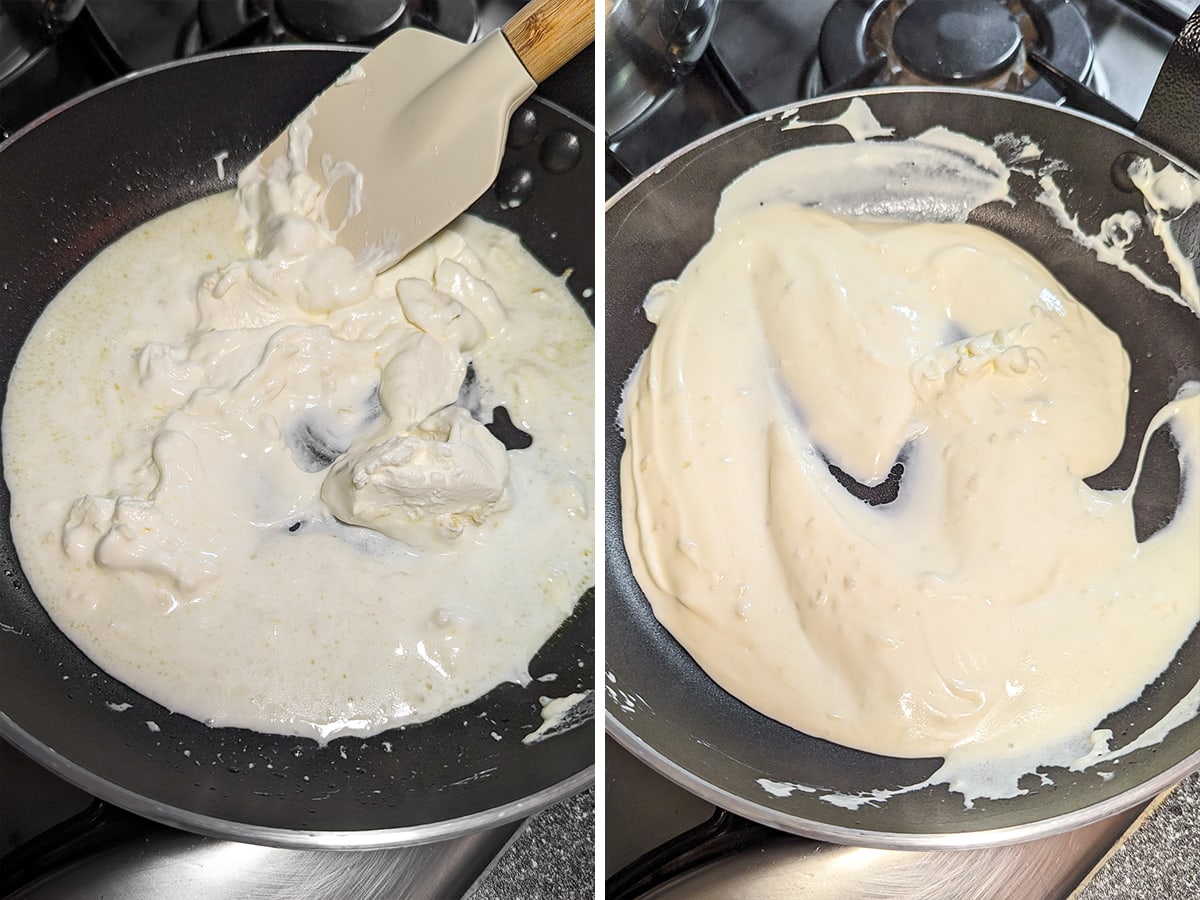 Melting cream cheese in an iron skillet on the stove.