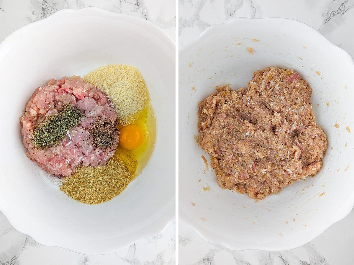 Mixing raw meat with egg, breadcrumbs and spices in a large white bowl.