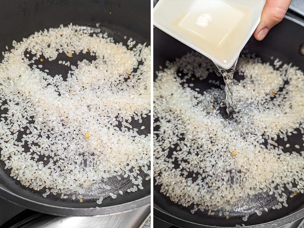 Pouring wine over rice in a pan on the stove.