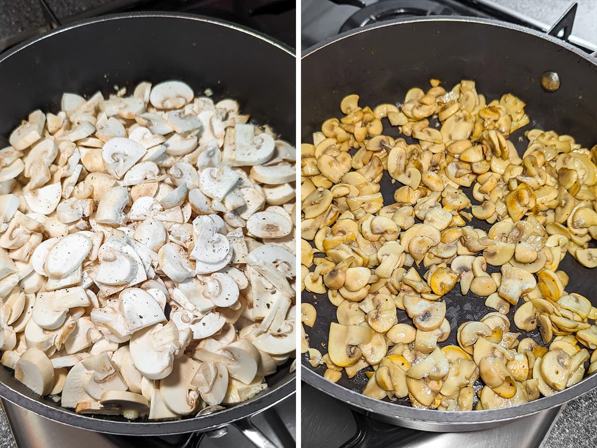 Collage of two images of raw and fried mushrooms in a pan on the stove.