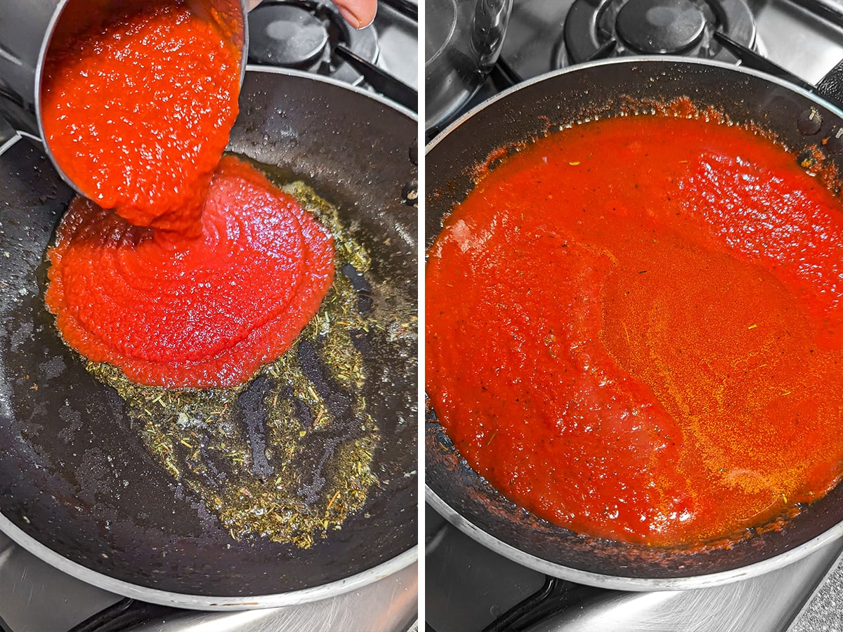 Pouring tomato sauce in a frying pan on the stove.