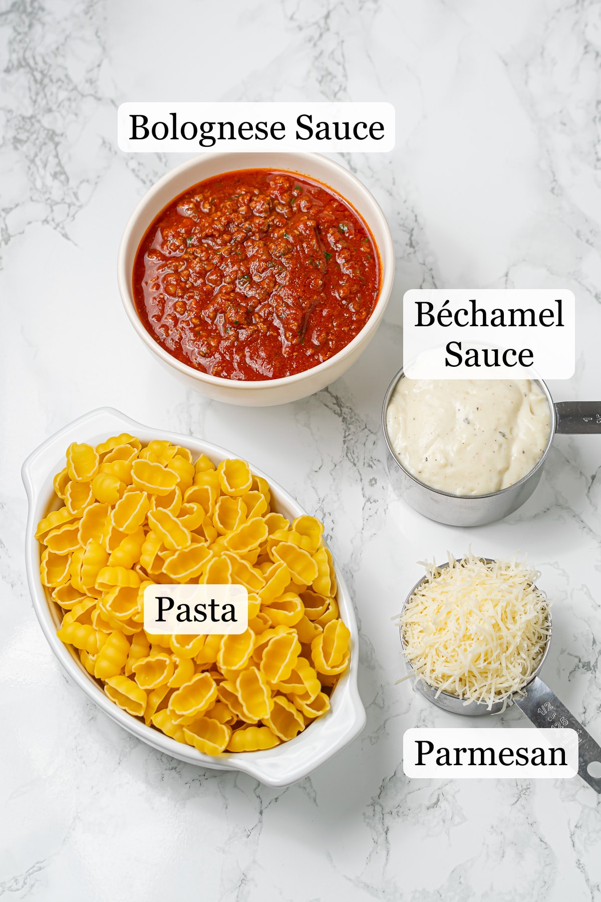 Ingredients for pasta bolognese including raw pasta shells, grated cheese, béchamel sauce, and meat sauce.