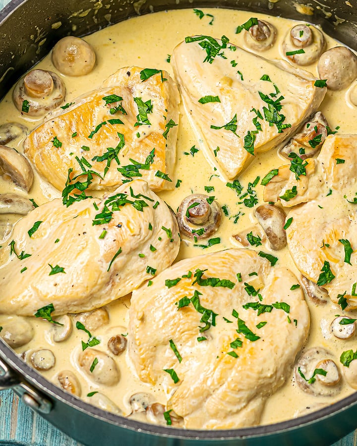 Creamy mushroom sauce simmering with seared chicken breasts in a skillet, garnished with chopped parsley.