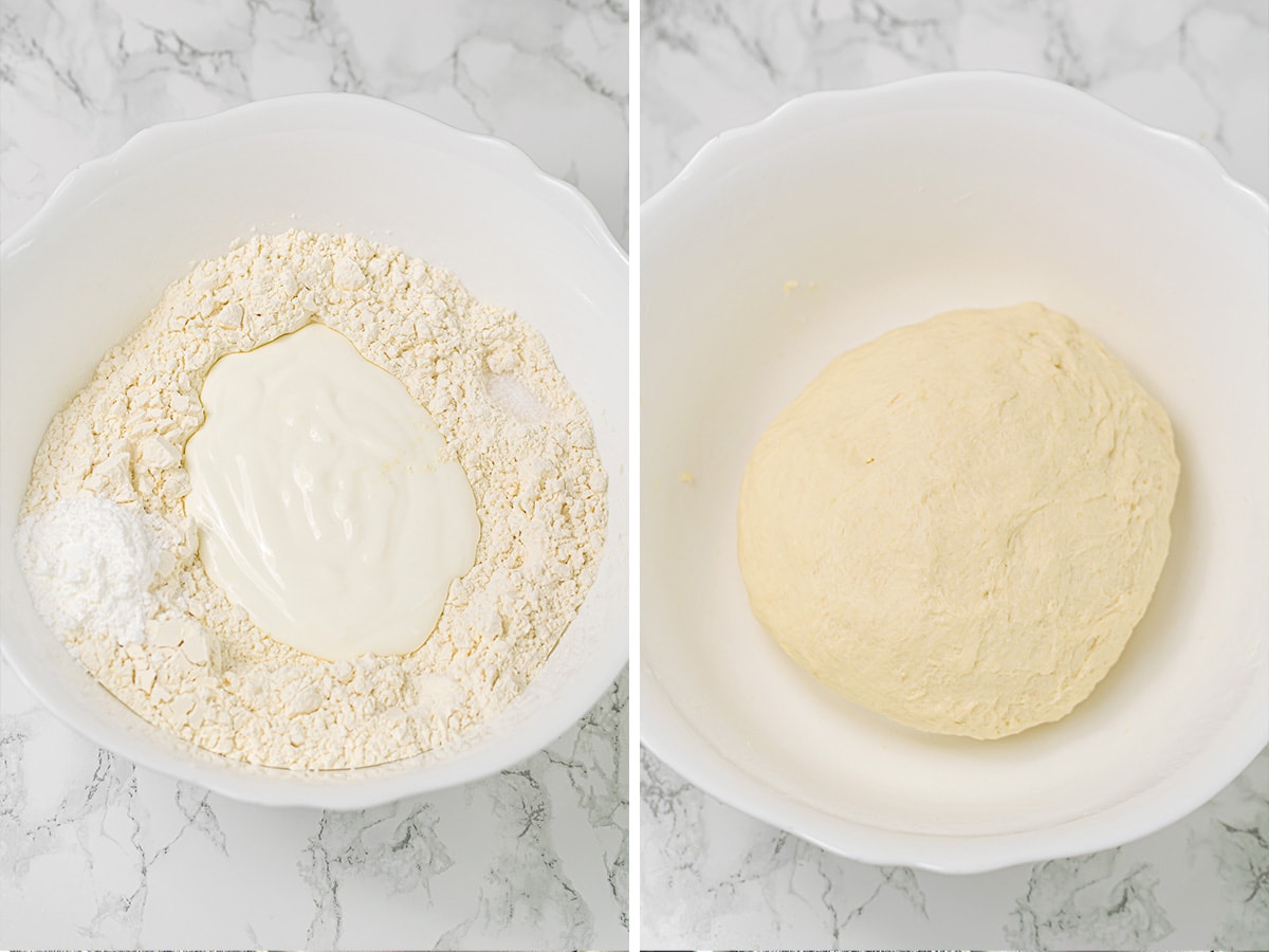 Bowl with flatbread dough ingredients before and after mixing.