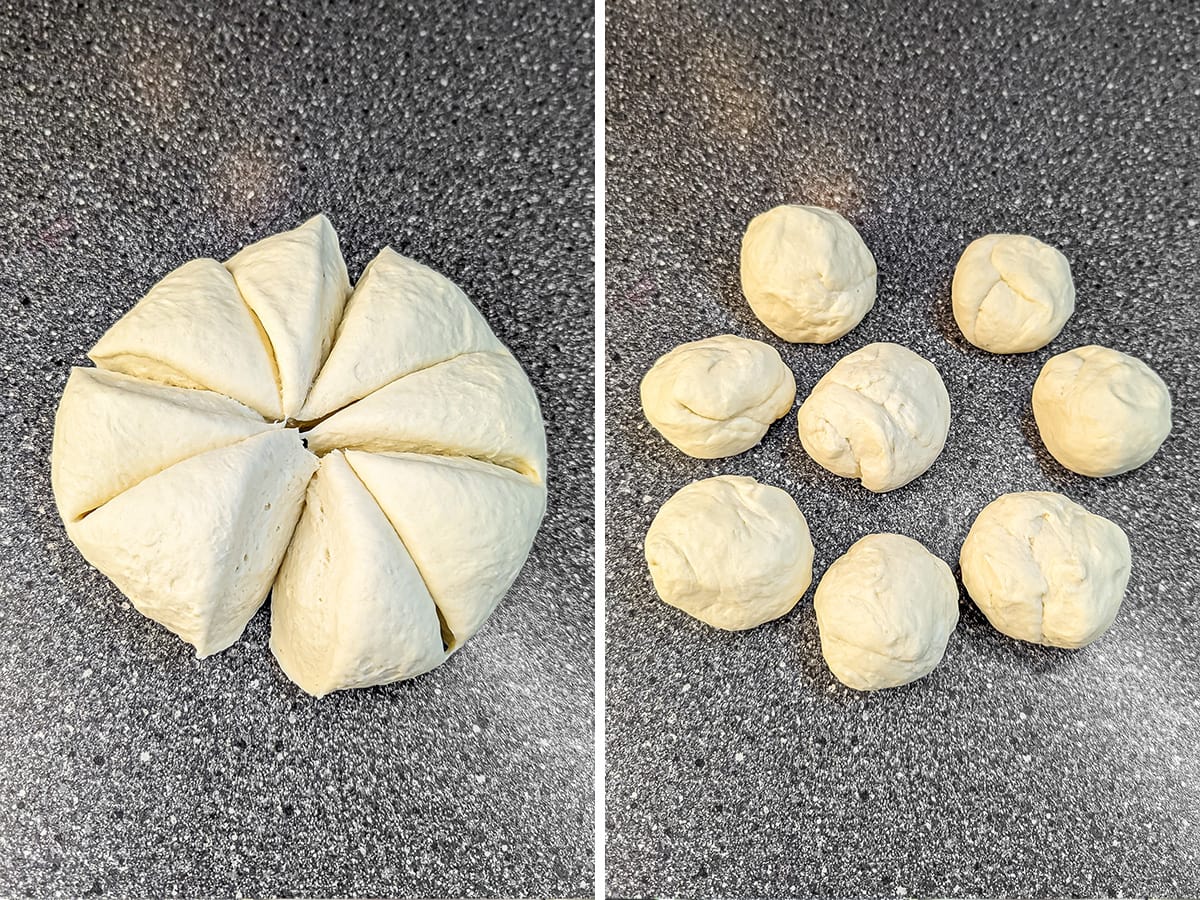 Dough for flatbread cut into wedges and then rolled into balls.