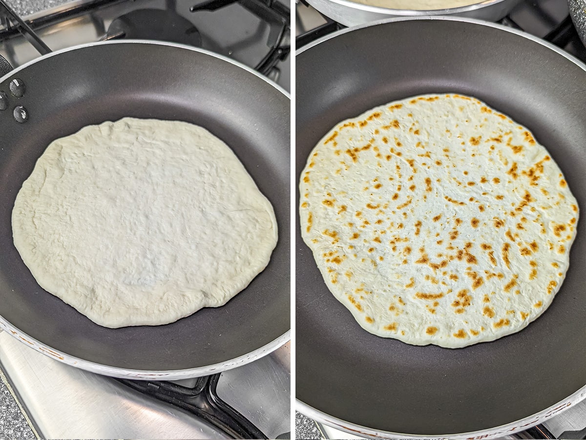 Raw flatbread being cooked in a skillet, showing one side uncooked and the other side golden brown.