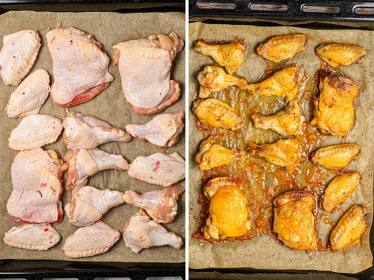 Before and after baking, raw chicken wings on a parchment-lined tray transform into golden-brown baked wings.
