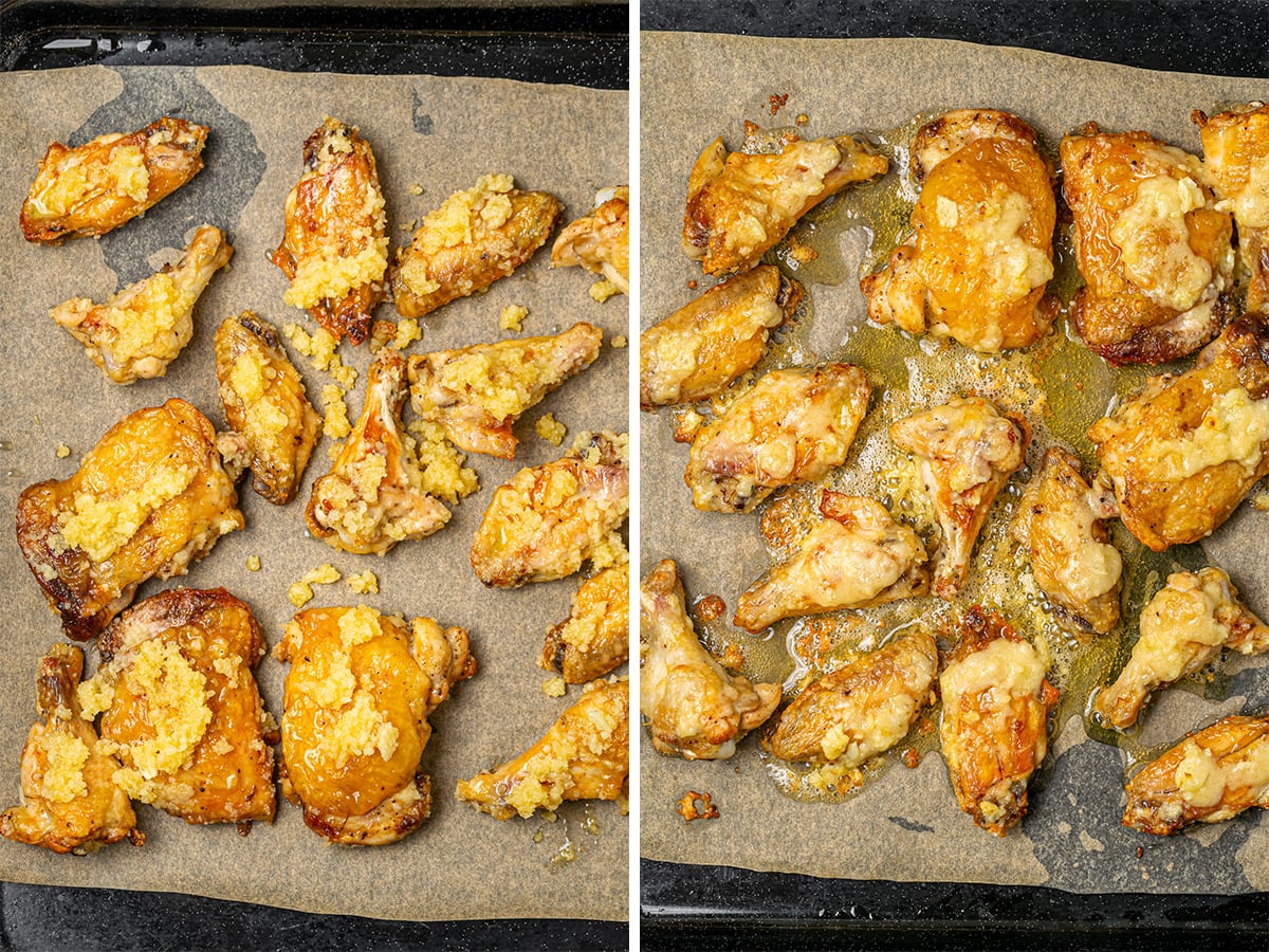 Two stages of cooking chicken wings with garlic and cheese, showing raw marinated wings and the finished, crispy baked wings.