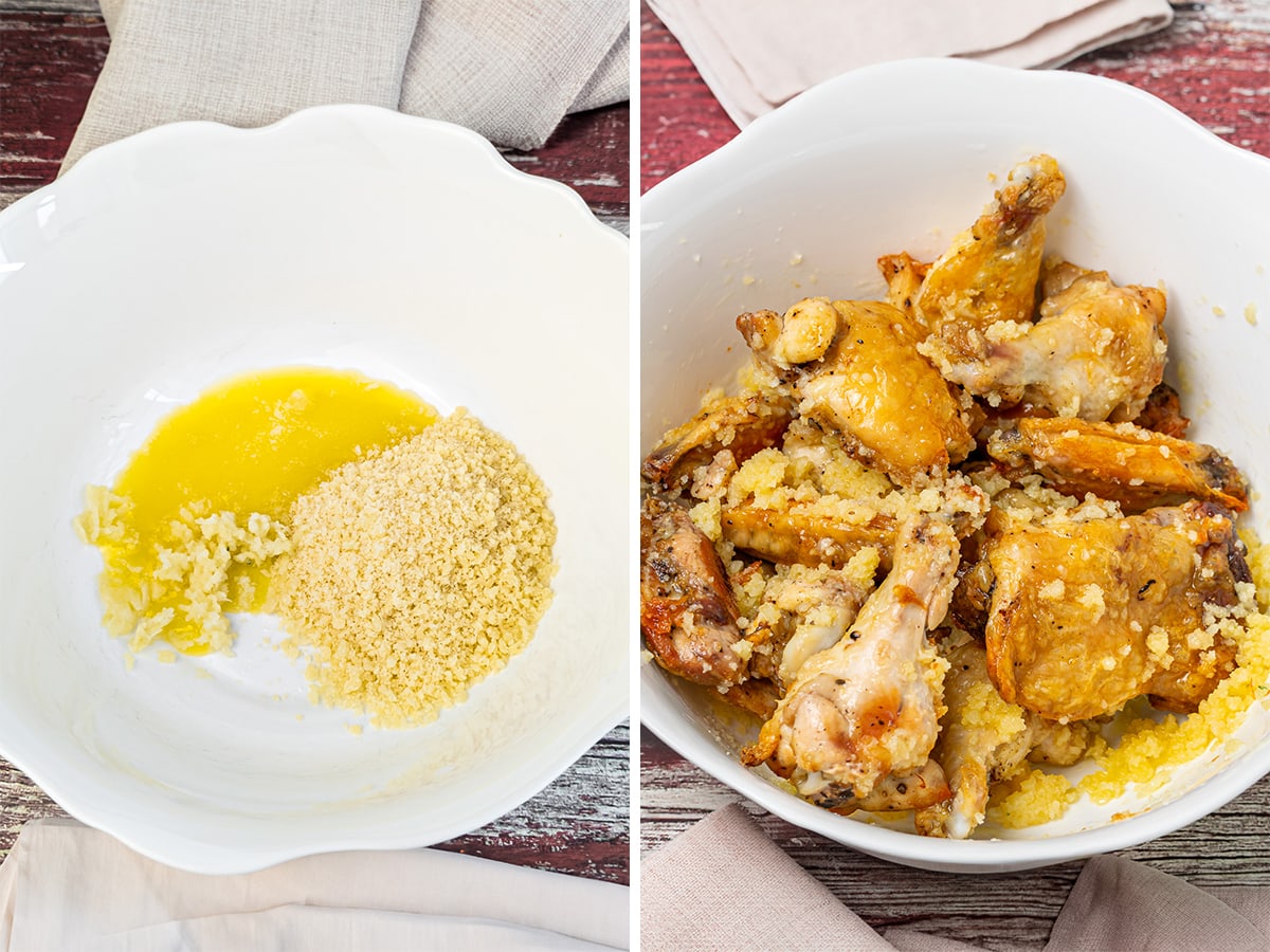 A white mixing bowl with melted butter and garlic next to a bowl of baked chicken wings coated in the garlic mixture.