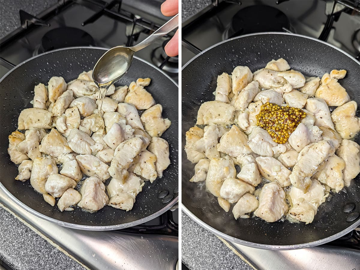 Adding a spoonful of honey and mustard to the chicken in the pan, infusing flavor into the dish.