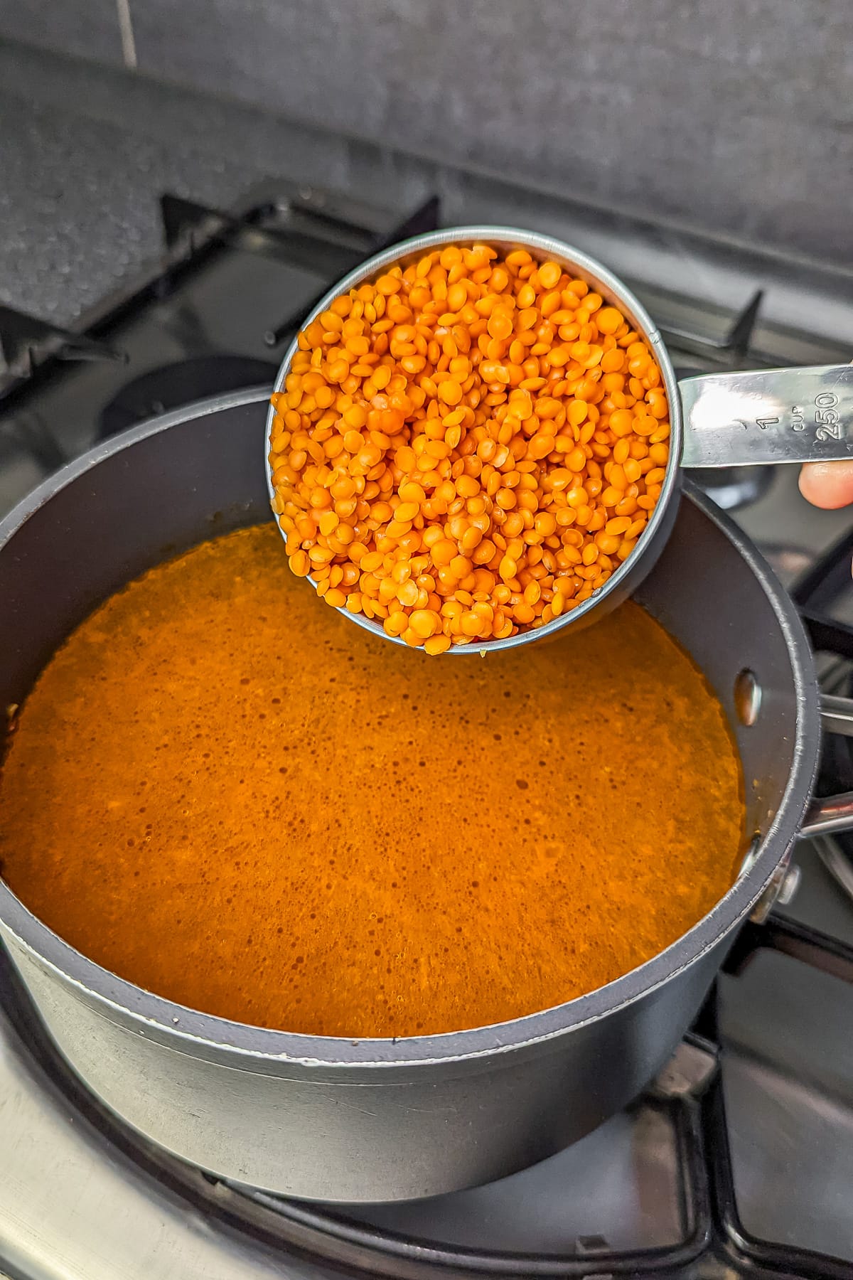 Dry red lentils added to the spiced broth in the cooking pot.