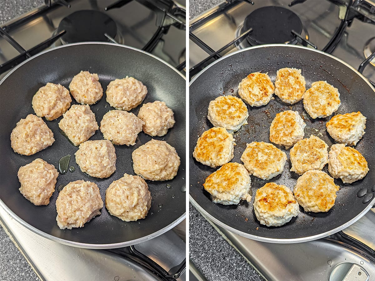 Raw meatballs in a frying pan, halfway through cooking, browned on one side.