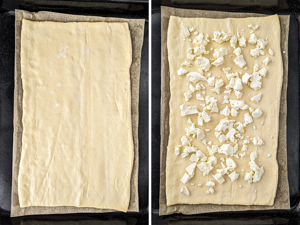Puff pastry dough on a baking sheet, before and after being topped with crumbled feta cheese.