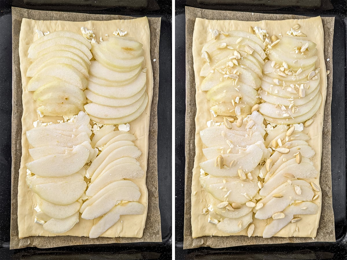 Steps showing sliced pears arranged on feta-topped dough, first bare then sprinkled with almond slices.