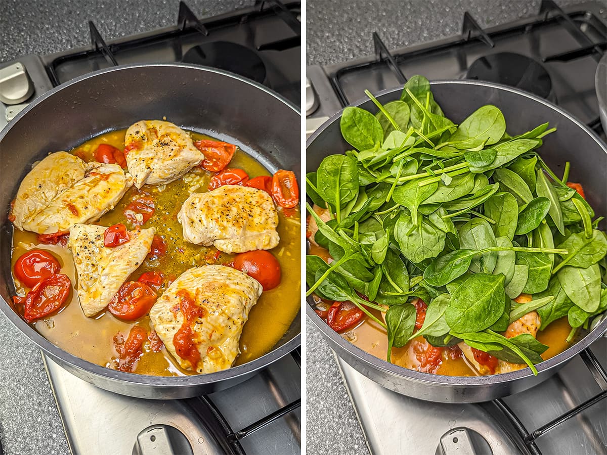 Side-by-side images of a cooking process: the first shows chicken and tomatoes simmering in a pan, the second adds a heap of fresh spinach leaves.